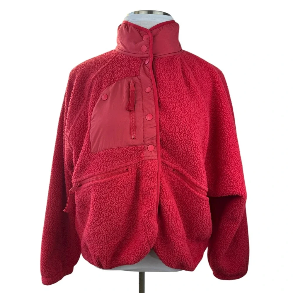 Free People FP Movement Hit The Slopes Fleece Jacket Coral Red Sherpa Size XL - Picture 2 of 16